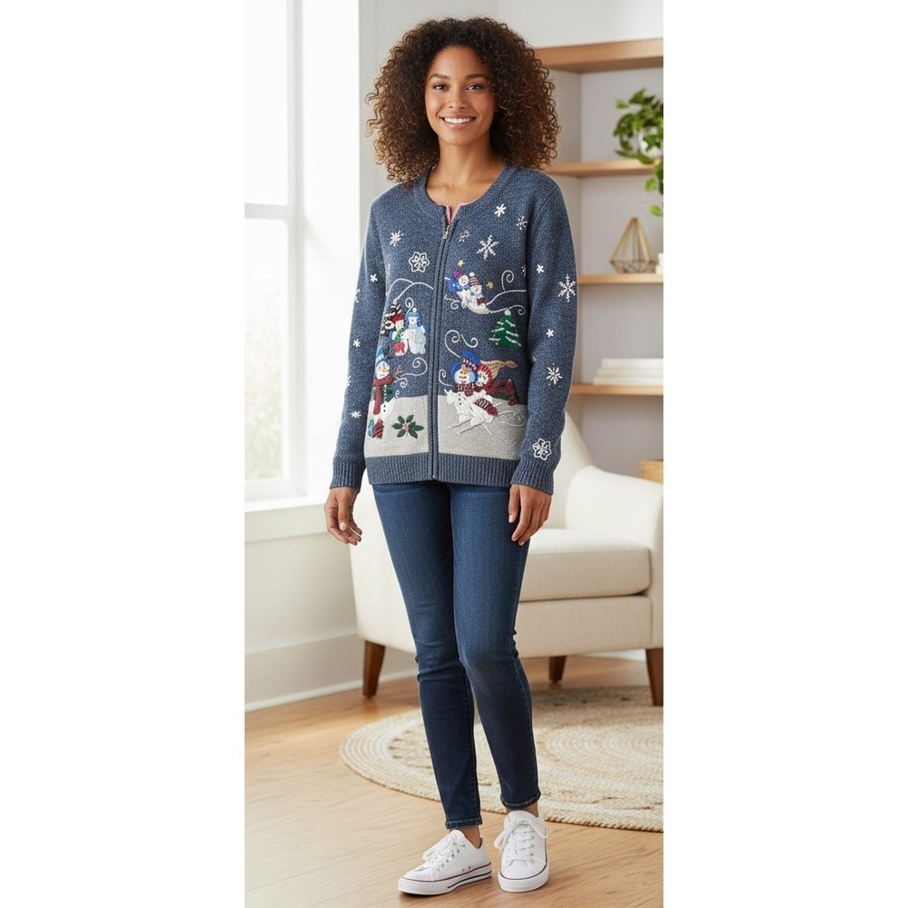 Vtg‎ Studio Joy Christmas Cardigan Sweater Women's XL Snowman Holiday Embellish